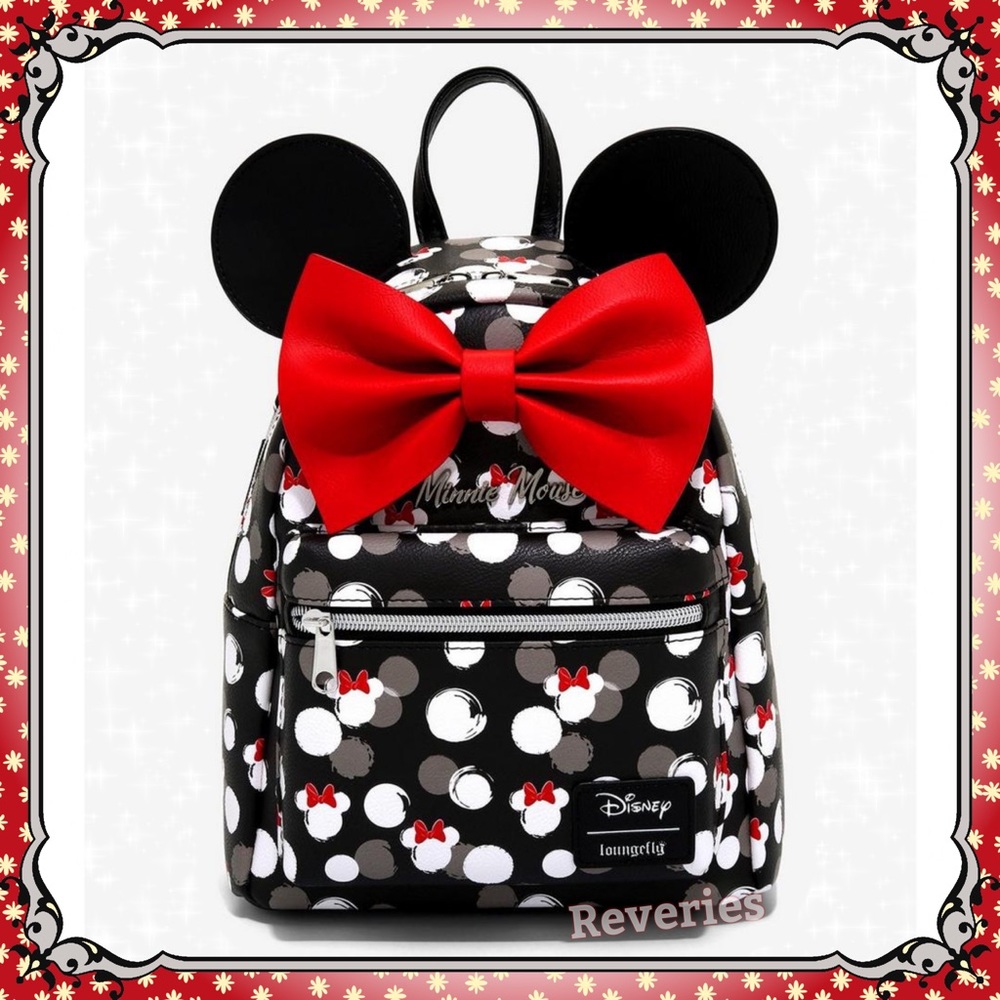 Loungefly Disney Minnie Mouse Mini Backpack White Polka Dot Spots Red Bow Ears